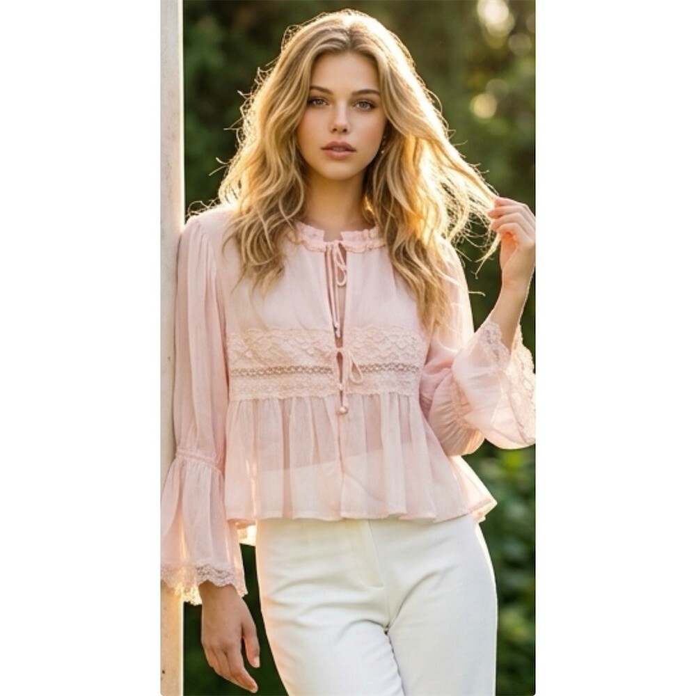 Camellia Blouse Womens Size S Pink Sheer Lace Ruffle Tie-Front Peplum new